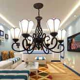 White Floral Chandelier Living Room Lamps, 6-Light Ceiling Fixture with Adjustable Chain and Art Glass Shade, Tiffany Style - This is an elegant chandelier ceiling lamp in white and tiffany style made with art glass shade. It is perfect to give an instant touch of sophisticat...
